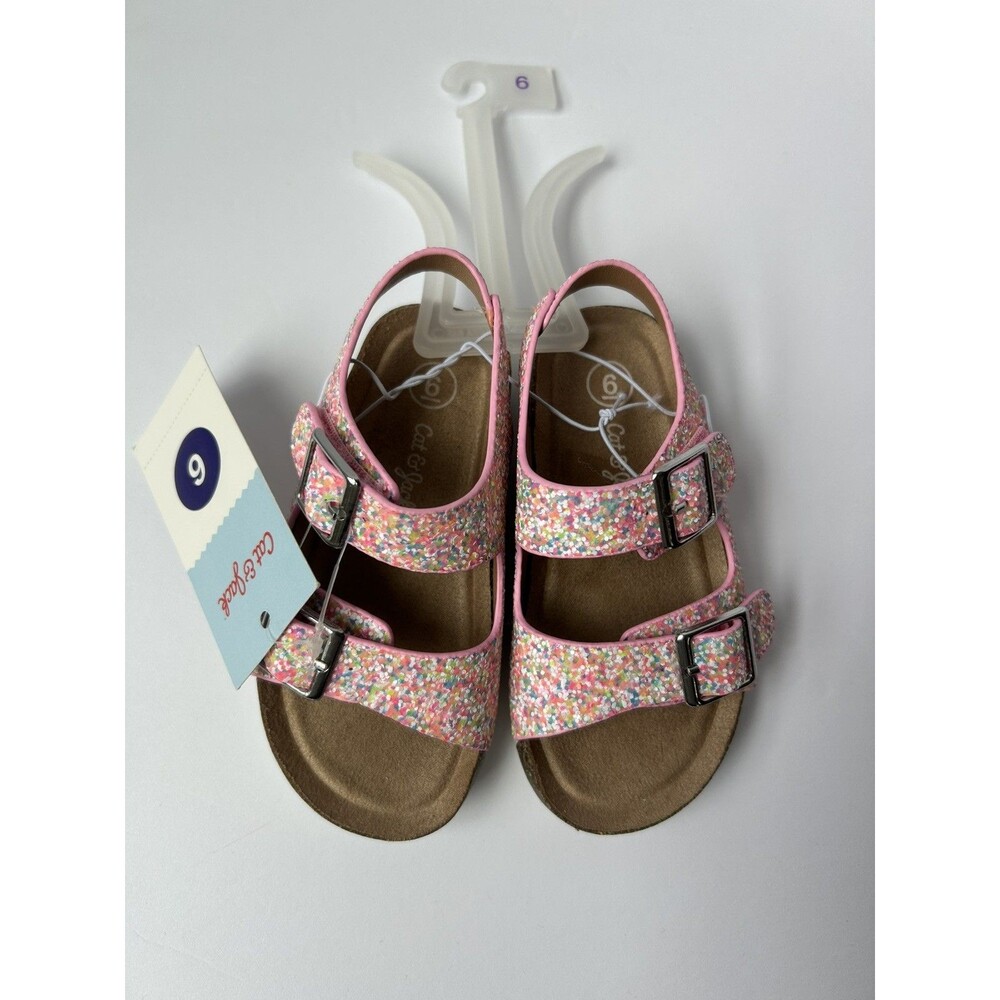 Cat & Jack Girls Pink Glitter Strappy Sandals Double Buckle Size 5